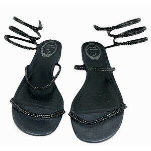 41.5 Renee Caovilla Evening Ankle Wrap Naked Sandal Black Crystal